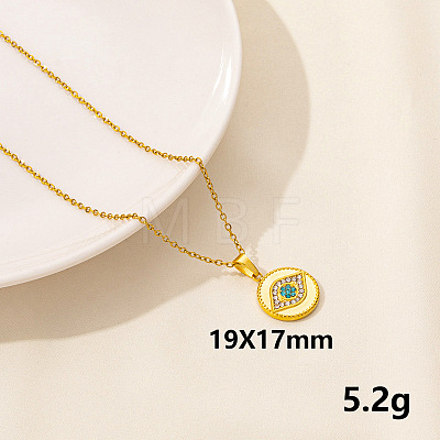 Stylish Stainless Steel Rhinestones Flat Round with Evil Eye Pendant Necklace QQ6499-4-1