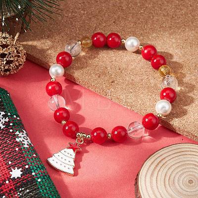 Natural Dyed Mashan Jade & Quartz Crystal Round Beaded Stretch Bracelet with Alloy Enamel Christmas Tree Charms BJEW-TA00266-1