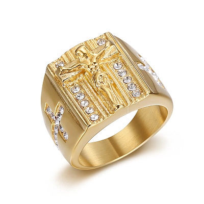 Cross with Jesus Pattern 304 Stainless Steel with Crystal Rhinestone Finger Rings for Men FS-WG78AD7-01-1