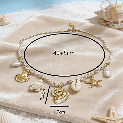 Summer Ocean 304 Stainless Steel & Natural Sea Shell Starfish Turtle Multi Pendant Bib Necklaces for Women YW3653-1