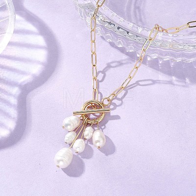Natural Pearl Rice Beads Tassel Pendant OT Necklaces with Brass Paperclip Chains NJEW-JN05941-1