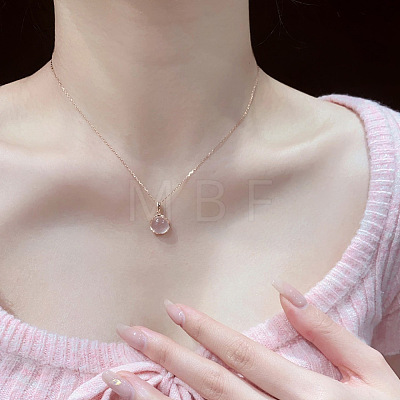 Flat Round Brass Pave Natural Rose Quartz Pendant Necklaces for Women WG46560-02-1