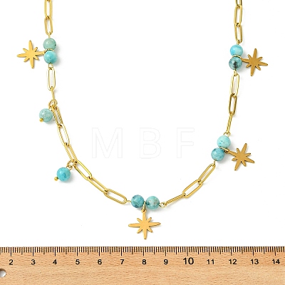 304 Stainless Steel Paperclip Chain Star Pendant Necklaces with Natural Hemimorphite Beads for Women NJEW-JN06251-02-1