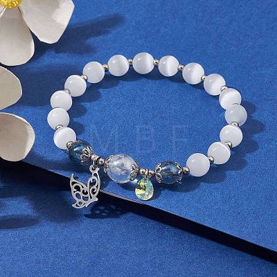 Cat Eye Beaded Stretch Bracelet with 201 Stainless Steel Butterfly Charms BJEW-JB10116-1
