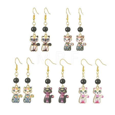 5 Pair 5 Style Rack Plating Alloy Cat Shape Dangle Earrings EJEW-JE05446-1