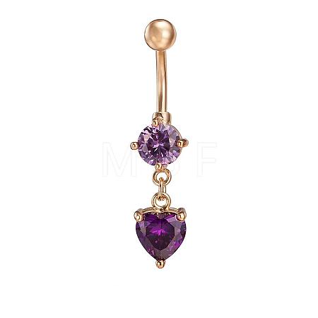 Real 18K Gold Plated Brass Rhinestone Heart Navel Ring Belly Rings AJEW-EE0001-56C-1