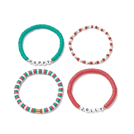4Pcs 4 Style Polymer Clay Heishi Surfer Stretch Bracelets Set BJEW-TA00268-1