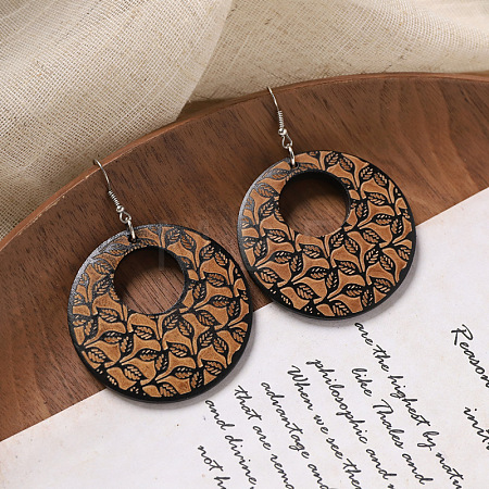 Flat Round Wood Dangle Earrings FS-WGF3184-03-1