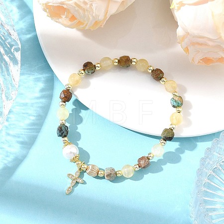 Brass Micro Pave Clear Cubic Zirconia Charm Natural Golden Silk Jade Round and Faceted Cube African Turquoise(Jasper) Beaded Stretch Bracelets for Women BJEW-JB14378-01-1