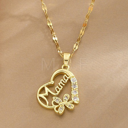 Mother's Day Brass Pave Cubic Zirconia Mama Heart with Butterfly Pendant 304 Stainless Steel Dapped Chain Necklaces for Women WG2F4E4-02-1