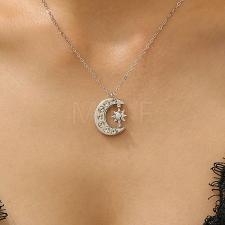 Brass Crystal Rhinestone Moon with Sun Pendant Necklaces for Women WG06C1A-03-1