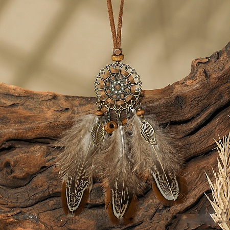 Ethnic Style Alloy & Wood Woven Web/Net with Feather Big Pendant Faux Suede Cord Necklaces for Women FS-WG285C1-03-1
