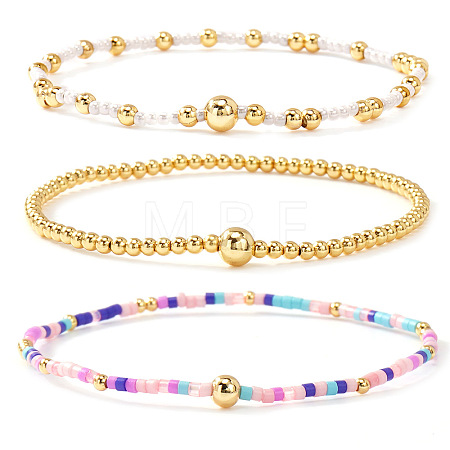 3Pcs 3 Styles Glass Seed Beads & Brass Beads Stretch Bracelets Set for Women VQ8944-6-1