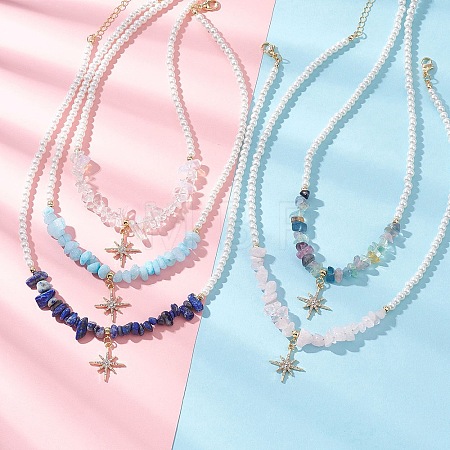 Alloy Crystal Rhinestone Star Pendant Natural Mixed Gemstone Chip and Round White Glass Pearl Beaded Necklaces NJEW-JN05696-1