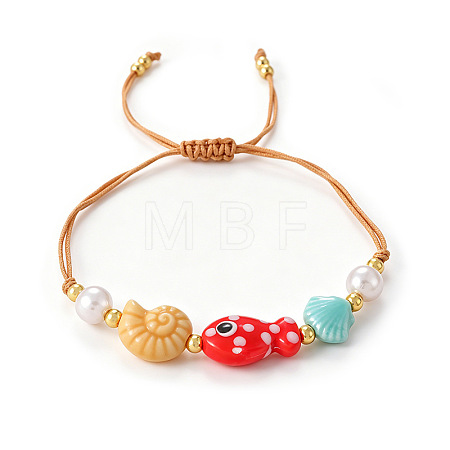 Summer Beach AdHandmade Porcelain Fish Shell Shape and Plastic Pearl Braided Bead Bracelets for Women WG2D1DA-01-1