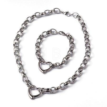 Tarnish Resistant Heart 304 Stainless Steel Link Necklaces and Bracelets Jewelry Sets SJEW-F132-08P-1