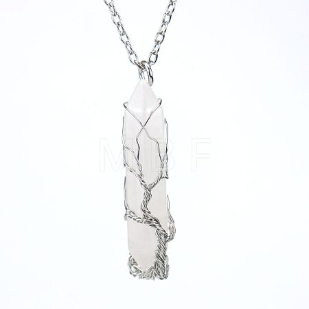 Natural Quartz Crystal Double Terminal Pointed Faceted Bullet Copper Wire Wrapped Tree of Life Pendant Alloy Chain Necklaces FS-WG07FDC-11-1