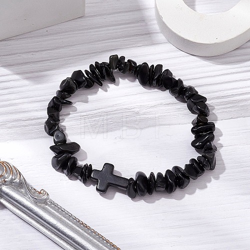 Natural Obsidian Chips Stretch Bracelets for Women Men BJEW-JB11341-09-1