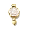 Brass Pave Natural White Shell Flat Round with Heart Pendants KK-C090-37G-07-1