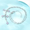 Brass Pave Lilac Cubic Zirconia Flower Pendant Figaro Chain Bib Necklaces for Women NJEW-F364-01P-3