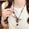Coffee Bean & Wood Bear Pendant Adjustable Imitation Leather Cord Long Necklaces for Women WG79F39-01-1