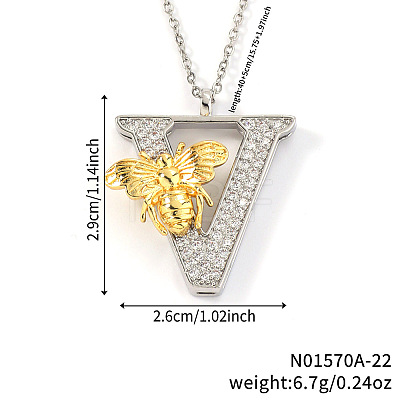 Brass Micro Pave Clear Cubic Zirconia Bee Initial Pendant Necklaces FS-WGF5E80-22-1