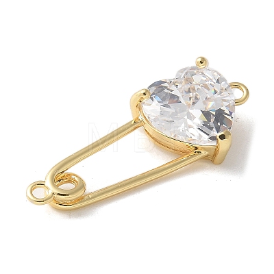 Brass Cubic Zirconia Heart Safety Pin Connector Charms KK-Q031-45G-1