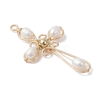 Natural Cultured Freshwater Pearl Copper Wire Wrapped Cross Pendants PALLOY-TA00318-1
