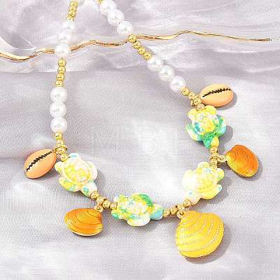 Ocean Brass Enamel Starfish Shell Shape Pendant Round ABS Imitation Pearl Beaded Necklaces KK-CBA4547-04A-G-1