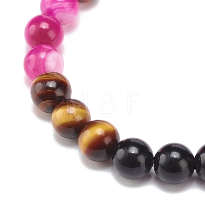 Natural Agate & Tiger Eye(Dyed & Heated) & Black Onyx Round Beaded Stretch Bracelet BJEW-JB08400-01-1