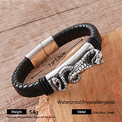 Vintage Braided PU Leather 304 Stainless Steel Bracelets with Magnetic Clasps for Men MV3469-4-1