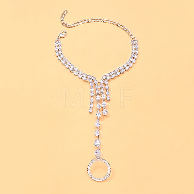 Brass Pave Cubic Zirconia Teardrop Hand Chain Finger Ring Bracelets for Women WGDC1F4-01-1