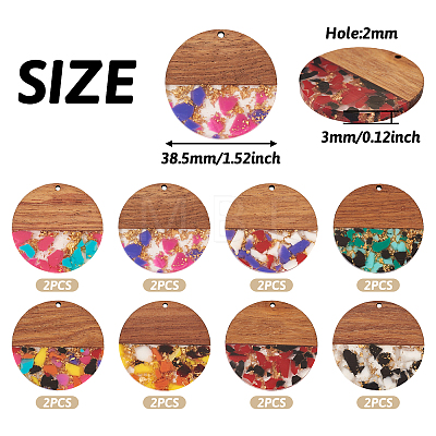 16Pcs 8 Colors Transparent Resin & Walnut Wood Pendants RESI-TA0002-10-1