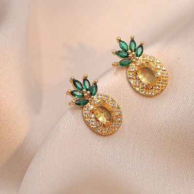 Pineapple Stainless Steel Rhinestone Pendant Necklace & Stud Earrings & Finger Ring Set WG65275-04-1