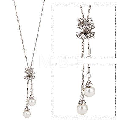 ANATTASOUL 2Pcs 2 Color Plastic Imitation Pearl Pendant Lariat Necklace with Crystal Rhinestone NJEW-AN0001-18-1