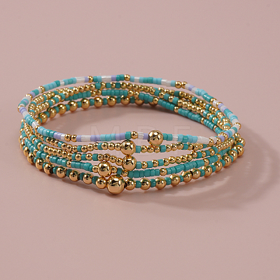 5Pcs 5 Styles Bohemian Style Glass Seed Bead & Brass Beads Stretch Bracelets Set for Women XX3462-2-1