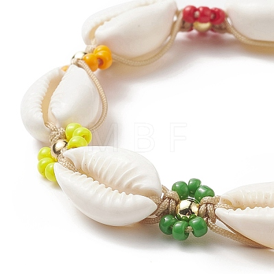 Natural Cowrie Shell & Glass Seed Flower Braided Bead Bracelets for Women BJEW-TA00206-1