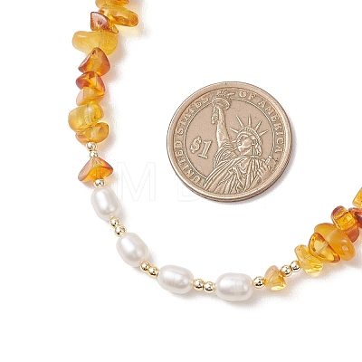 Natural Pearl Rice and Natural Amber Chip Beaded Necklaces NJEW-JN05883-1