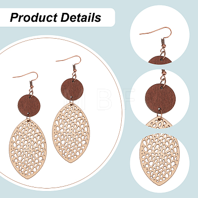 ANATTASOUL 3 Pairs 3 Colors Wood Hollow Oval Dangle Earrings with 304 Stainless Steel Pins for Women EJEW-AN0004-83-1