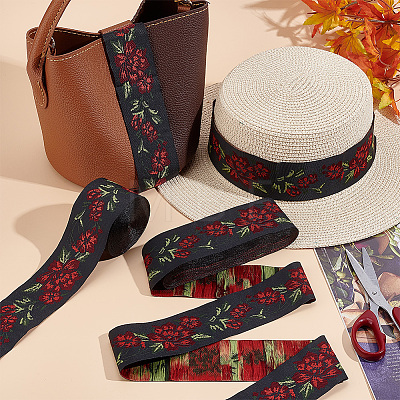 7M Flat Ethnic Style Polyester Jacquard Flower Ribbon OCOR-WH0082-132-1