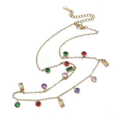 304 Stainless Steel Pave Colorful Cubic Zirconia Flat Round Rectangle Pendant Bib Necklaces NJEW-C114-03G-1