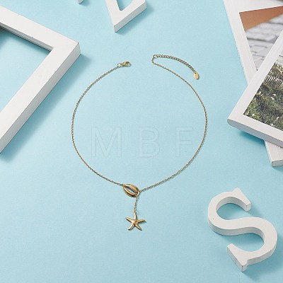 304 Stainless Steel Shell with Star Pendant Lariat Necklace for Women NJEW-JN04208-01-1