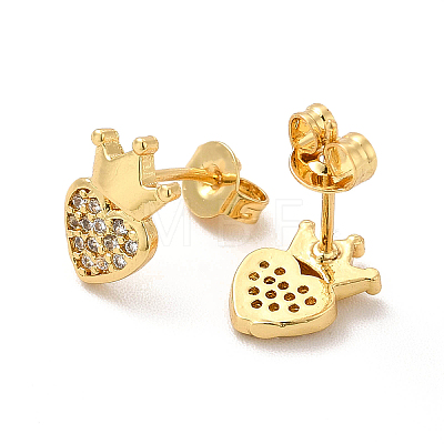 Rack Plating Brass Micro Pave Clear Cubic Zirconia Heart with Crown Ear Studs EJEW-F301-03-1