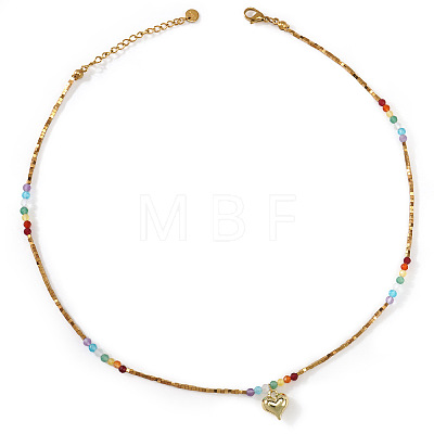 Rainbow Glass & Natural Stone & Brass Beaded Metal Heart Pendant Necklaces for Beach Vacation Accessories TH6527-2-1