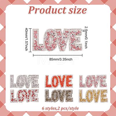 12Pcs 6 Colors Valentine's Day Theme Word LOVE Hotfix Rhinestone PATC-FG0001-69-1