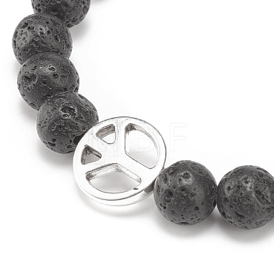 2Pcs 2 Style Natural Lava Rock & Synthetic Hematite Round Beaded Stretch Bracelets Set with Alloy Peace Sign BJEW-JB08311-1