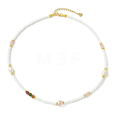 Natural Rose Quartz Heishi Beads & Rice Natural Pearl & Glass Seed Beaded Necklaces NJEW-JN06249-03-1