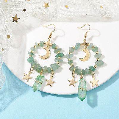 Natural Green Aventurine Chip & Dyed Quartz Crystal Beaded Ring Dangle Earrings EJEW-TA00357-02-1