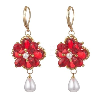 Flower with Teardrop Glass Beads Dangle Earrings EJEW-MZ00670-1