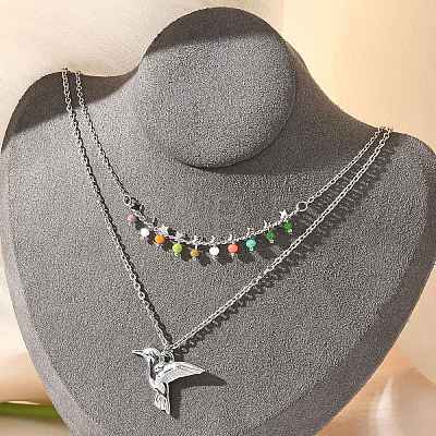 304 Stainless Steel & Colorful Glass Beads Double Layer Necklaces NJEW-Z061-03P-1